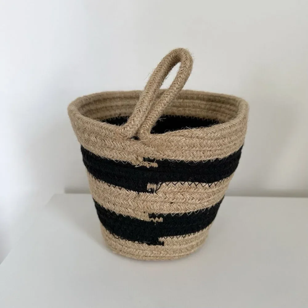 Jute Woven Storage Basket Black Stripe Natural Farmhouse Boho Home Decor